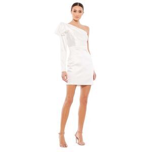 NWT Leena Mac Duggal White One Shoulder Long Sleeve Satin Mini Dress Size 0